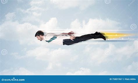 Happy Business Man Flying Fast On The Sky Between Clouds Stock Image