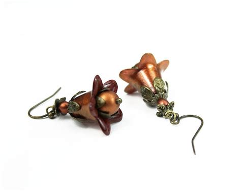 Rust And Copper Hand Dyed Lucite Flower Earrings Vintage Style Antiqued