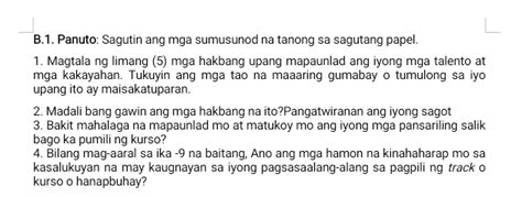 B1 Panuto Sagutin Ang Mga Sumusunod Na Tanong StudyX