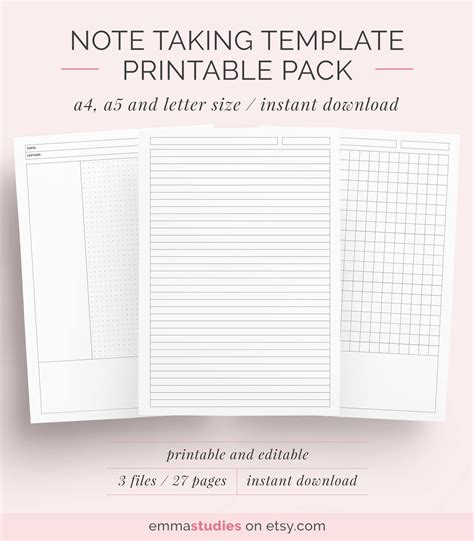 Student Note Taking Template Printable Pack A4 A5 and | Etsy