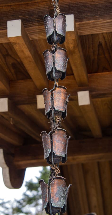 A Rain Chain Kusari Doi Hangs From The Roof Of A Temple Building On