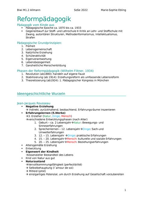 M Biwi Reformp Dagogik Zusammenfassung Allmann Reformp Dagogik