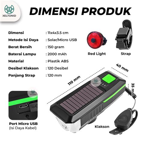 Jual Lampu Sepeda Depan Belakang Klakson Bel USB Solar Panel Tenaga