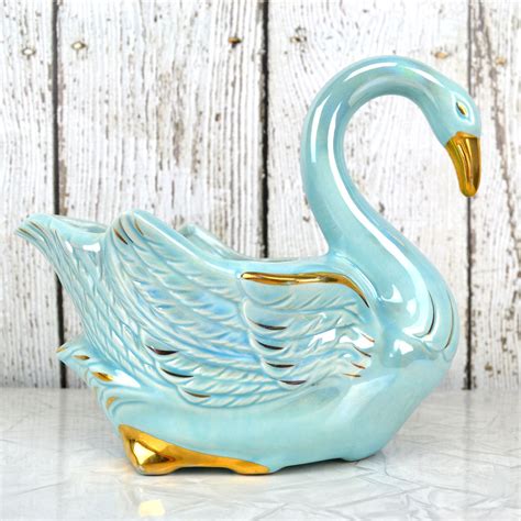 Vintage Swan Planter Iridescent Blue And Gold Gilt Trim Mid Century