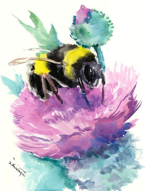 Bumblebee On Flowers Purple Yellow Red Original Watercolor Painting