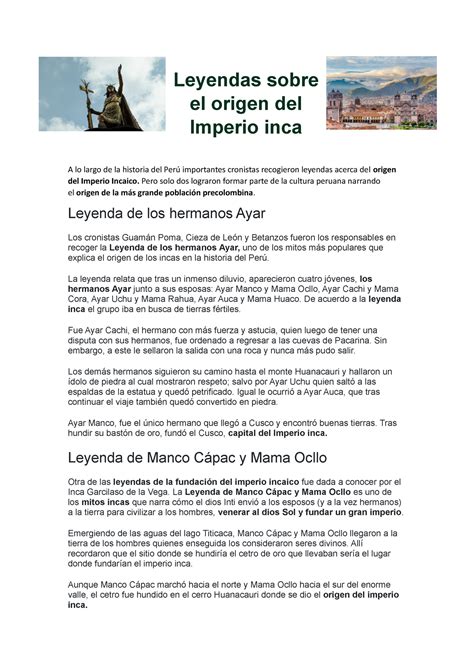 Leyenda Del Origen De Los Incas Leyendas Sobre El Origen Del Imperio