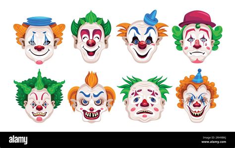 Clowns Faces Color Set With Isolated Front View Images Of Funny And