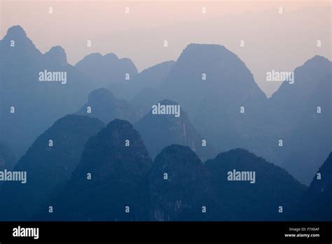 Limestone Karst Formations Along River Li At Dawn Guilin Region Guangxi