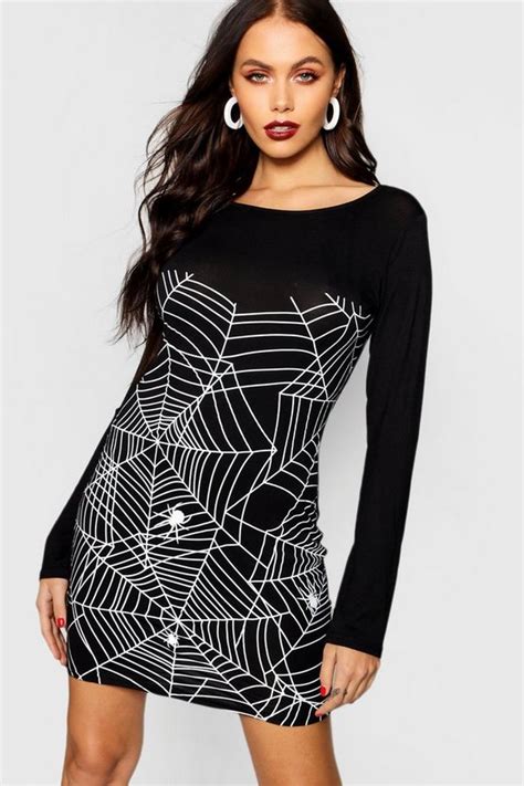 Halloween Glow In Dark Spider Bodycon Dress Boohoo