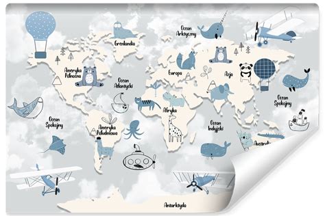 Fototapeta Flizelinowa Mapa Wiata Zwierz Tka Samoloty Balony Statki