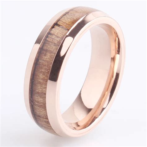 Rose Gold Color Wood Stainless Steel Wedding Rings For Men Women Mm