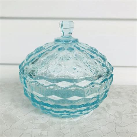 Vintage Candy Dish Indiana Cube Glass Dish With Lid Aqua Blue Candy