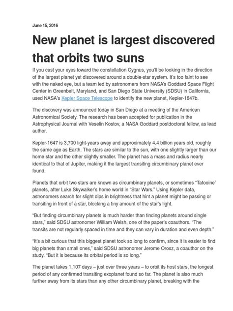 New Planet Is Largest Discovered That Orbits Two Suns Kepler Space Telescope Pdf