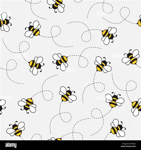 Cartoon Bees Seamless Pattern Bee Flying On White Background Vector