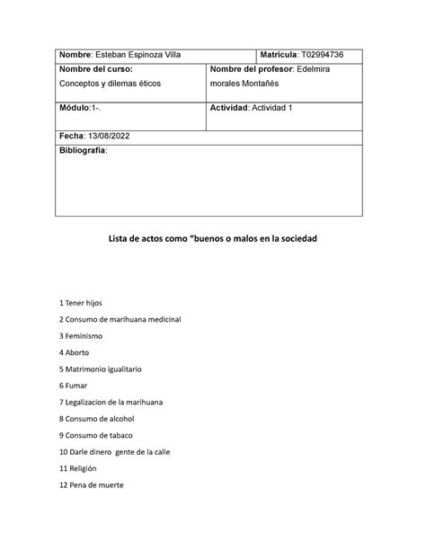 Actividad Conceptos Y Dilemas Eticos Nombre Esteban Espinoza Villa