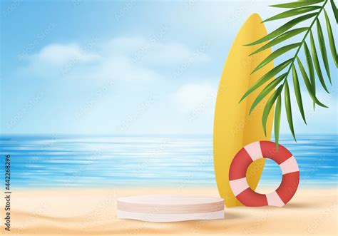 3d Summer Background Product Display Platform Scene With Surfboard Platform Sky Cloud Summer