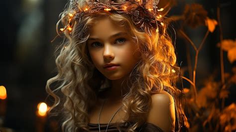 Premium Ai Image Beautiful Blond Girl With Curly Hair In A Wreath Of Christmas Garlands Fairy Tale