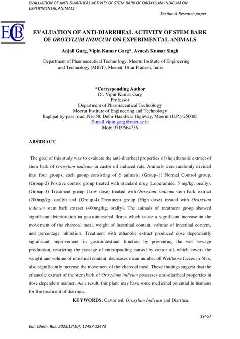 Pdf Evaluation Of Anti Diarrheal Activity Of Stem Bark Of Oroxylum