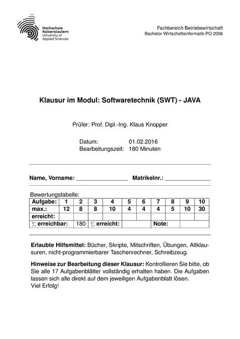 Swt Klausur Po Java Fachbereich Betriebswirtschaft