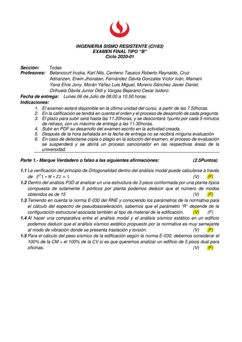 Examen Final Sismo Tipo B Ingenieria Sismo Resistente Ci