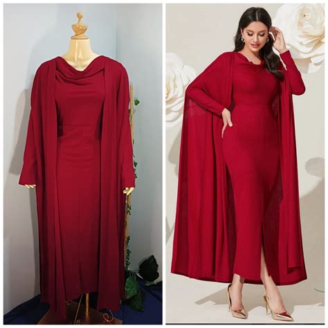 Red Dress Cloak Sleeve Cape Dress Split Thigh Draped Collar Elegant