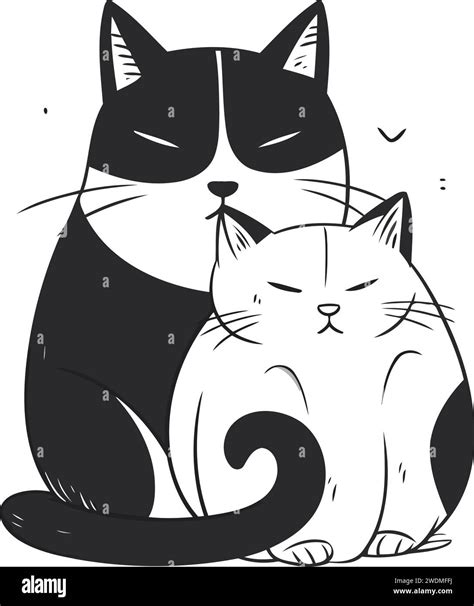 Black And White Illustration Of Two Cats Sitting And Hugging Each Other Stock Vector Image And Art