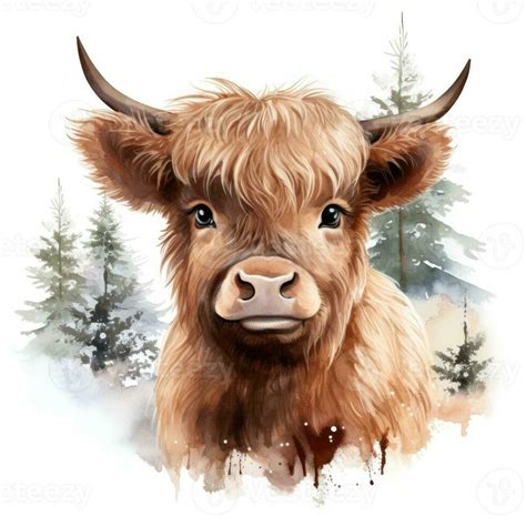 Adorable Baby Highland Cow With Snowcovered Pine Trees Watercolor