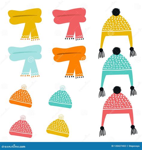 Set of Cute Color Hand Drawn Winter Hats and Scarves. Collection of ...