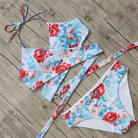 Sexy Bikini Women Swimsuit Push Up Swimwear Print Bandage Halter Bikini Set Beach Bathing