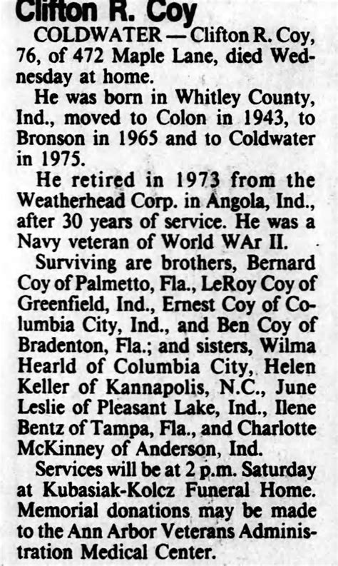 Cliffton Coy Obituary_Battle Creek Enquirer_October 23 1987 | Battle ...