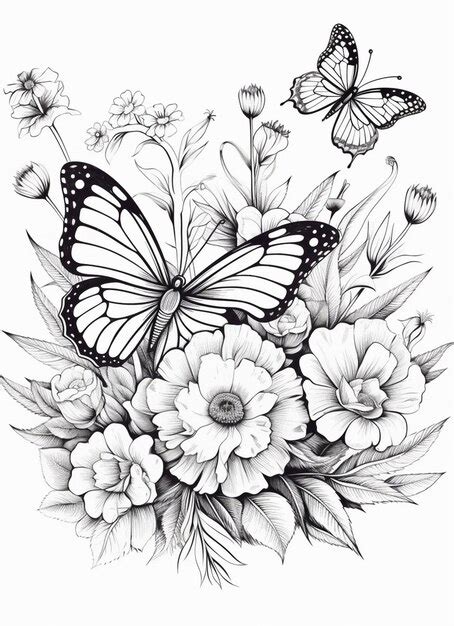 Premium Photo | A drawing of a butterfly and flowers with butterflies flying around generative ai