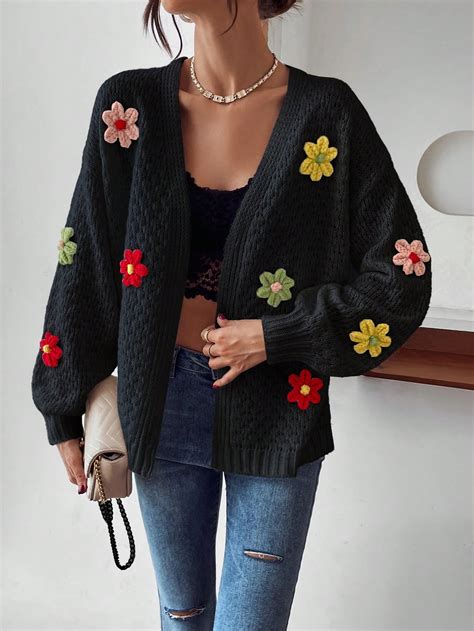 Shein Qutie Floral Patched Drop Shoulder Duster Cardigan