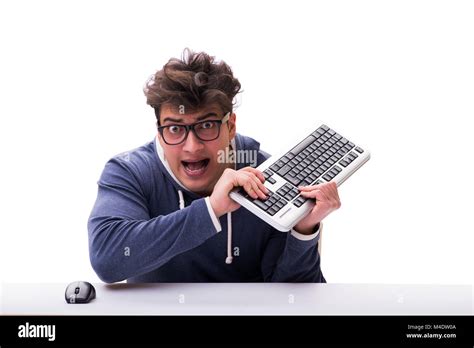 Funny Nerd Man Working On Computer Isolated On White Stock Photo Alamy