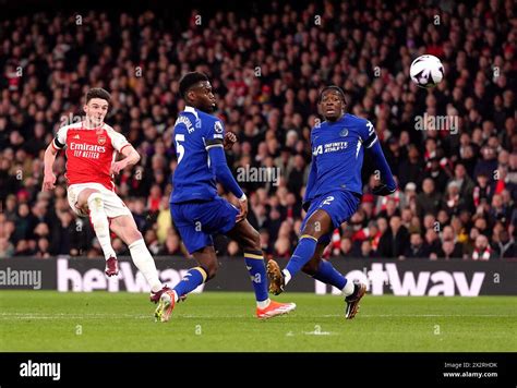 Arsenals Declan Rice Shoots During The Premier League Match At The