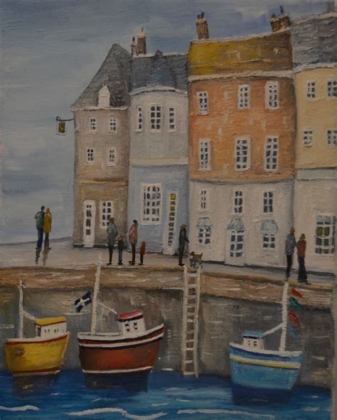 Original Painting Of The Small Town Of Padstow In Cornwall People Are