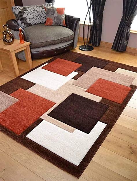 Tempo Rust Beige Square Design Thick Quality Modern Carved Rugs