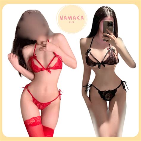 Jual SEXY LINGERIE WOMEN SATU SET BIKINI OPEN CROTCH BAHAN BRUKAT TEBAL TRANSPARAN TRANSPARENT