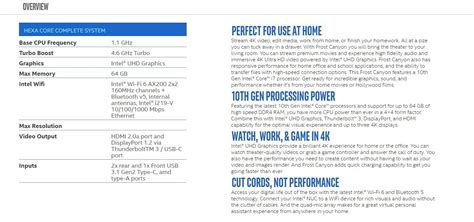 Intel NUC10i7FNH4 I7 10710U Performance Barebone Mini PC Desktop Frost