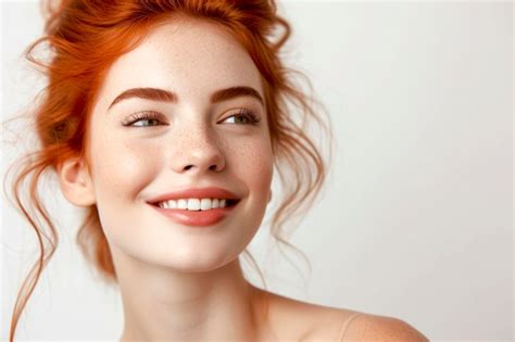 Premium Photo Redhead Woman Smiling Whit Perfect Skin And Copy Space Skincare Concept