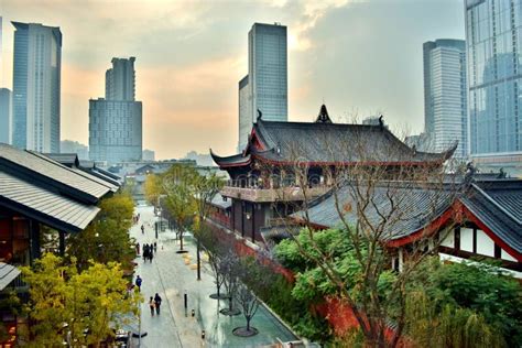 Aerial View Of Chengdu Temple And Financial District Stock Photo