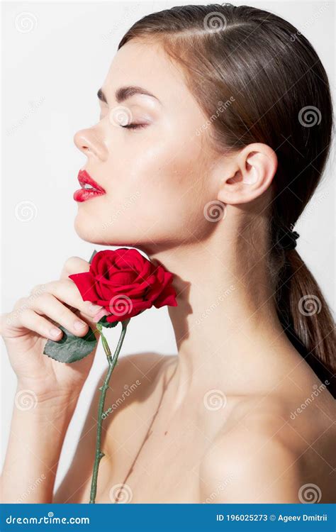 Woman With Red Flower Eyes Closed Naked Shoulders Side View Charm Stock Image Image Of Female