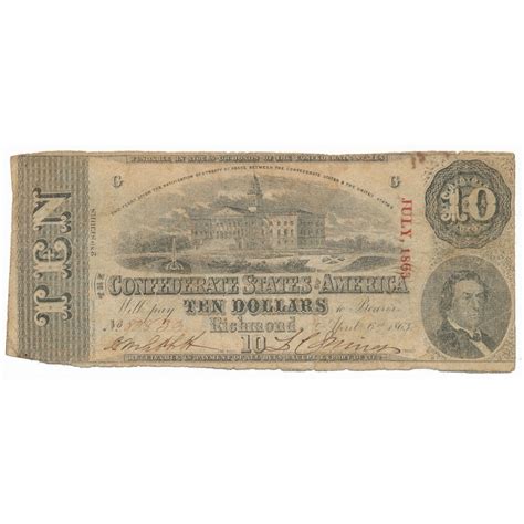 Ten Dollars Confederate States Of America Richmond Csa Bank