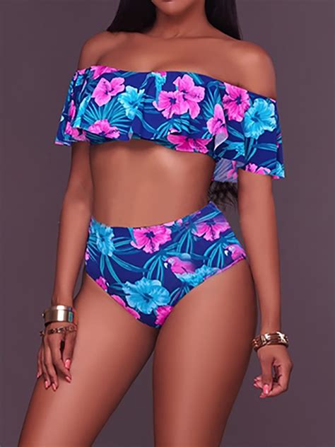 Sexy Frilled Off Shoulder Floral Bikini Swimsuit