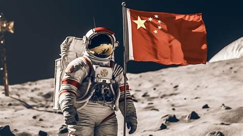 Chinese Astronaut Moon With Flag Premium AI Generated Image