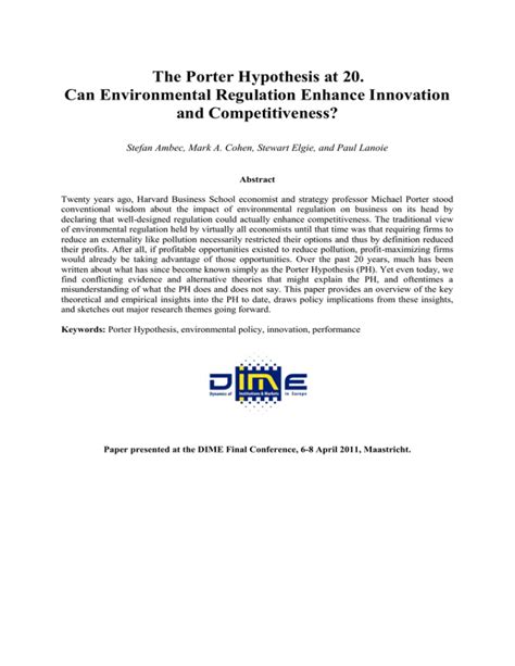 The Porter Hypothesis at 20. Can Environmental Regulation Enhance ...