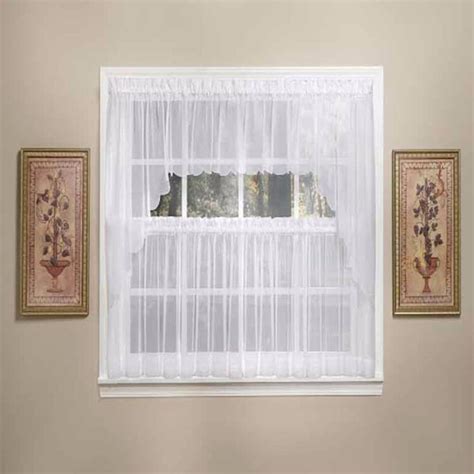 White Sheer Voile Kitchen Valance, Swags and Tier Curtains hanging on a curtain rod