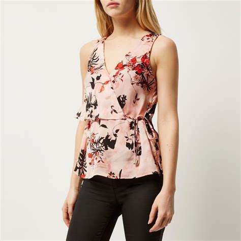 Lyst River Island Pink Floral Print Frill Wrap V Neck Top In Pink