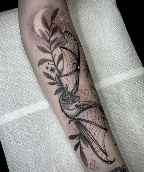 Dark blackwork bat tattoo / leaves with moon tattoo | Bats tattoo design, Bat tattoo, Tattoos