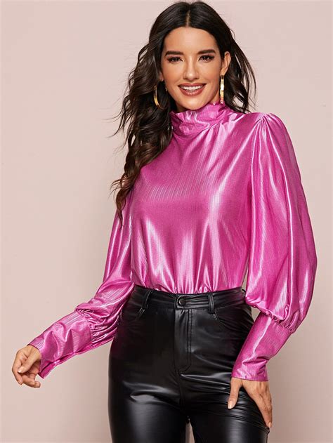 Bishop Sleeve Mock Neck Metallic Blouse [swblouse04191101952] 19 50