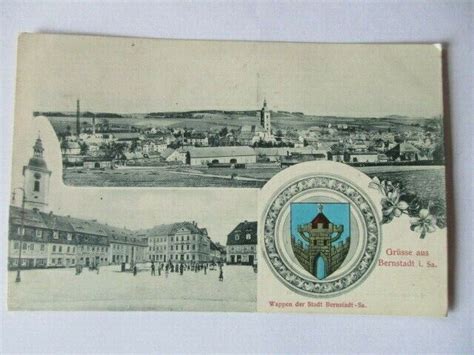 Seltene Ak Bernstadt Oberlausitz Markt Gesamtansicht Und Wappen Um 1910